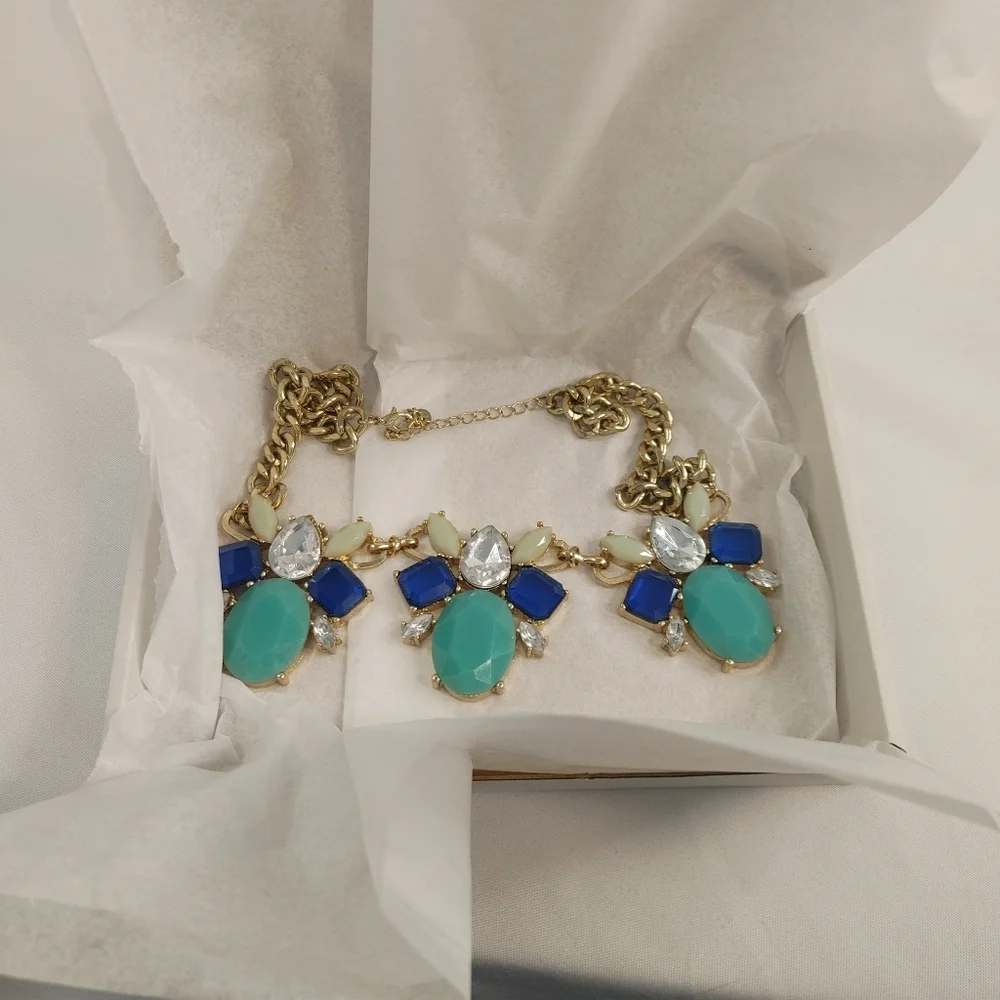 Gold Tone Statement Necklace Blue Turquoise Bib Chunky Chain